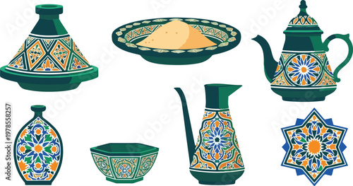 Moroccan tagine set, intricate geometric patterns, teal and orange tiles, traditional earthenware pottery for cooking and serving.