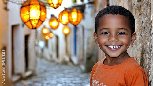 Joyful Teen Boy with Wide Smile in Enchanted Street Surrounded by Lanterns