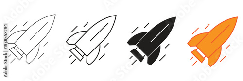 Set of four stylized rocket ship icons in different vector styles including outline, solid black, and a colorful orange version with motion lines, perfect for space exploration concepts.