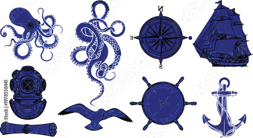Nautical vector set includes ship steering wheel, octopus, compass, anchor, diving helmet, sailboat, seagull, scroll.