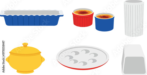 Professional kitchenware collection featuring blue baking dish red ramekins yellow soup tureen and white serving plates.