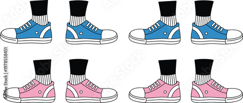 Set of sneaker shoes vector illustration in blue and pink colors with socks for casual fashion and footwear design.