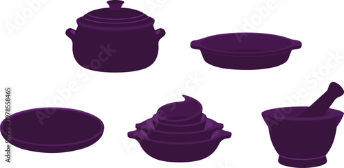 Purple ceramic kitchenware set including pot pan plate bowls and mortar with pestle for cooking and baking food preparation.