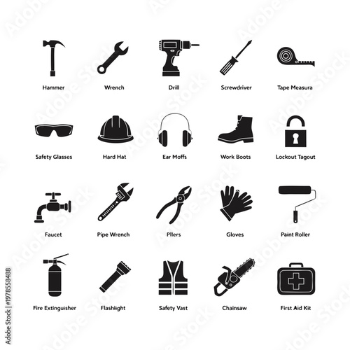 Assortment of construction and safety equipment icons with measuring tape safety glasses ear muffs work boots pipe wrench paint roller fire extinguisher safety vest home improvement chainsaw