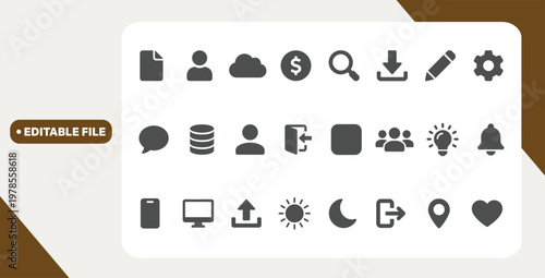 User interface icon collection featuring  cloud, data, contact, login and idea symbols. Solid vector icons.