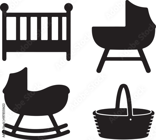 Four black baby furniture and accessory baby crib bassinet rocking cradle basket baby furniture