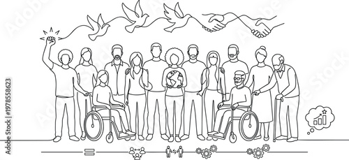 Large diverse group of people representing inclusivity and global unity with symbols of peace cooperation and social progress.