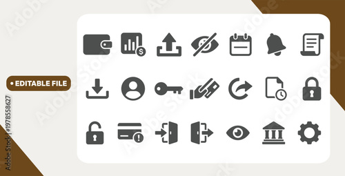 Finance app icon collection featuring top up, cash out, wallet, payment, money transfer and transaction history symbols. Solid vector icons.