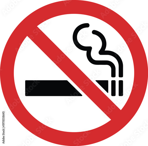 No smoking sign, prohibition symbol with cigarette icon crossed out on white background representing smoking ban and health safety warning sign.