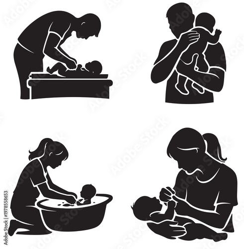 Adult baby silhouettes diaper change comfort bath feeding bottle infant care nurturing set