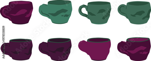 Set of rough textured ceramic mugs in green and purple, rustic drinkware collection on transparent background.