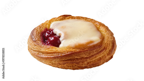 Fotografía Flaky golden Danish pastry with cherry filling and cream cheese icing, isolated