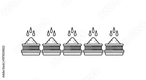 A minimalist illustration depicts five small piles of sand with raindrops falling on each