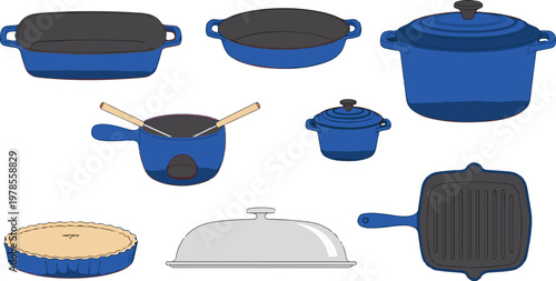 Set of various blue enameled cast iron cookware isolated on transparent background for kitchen and cooking needs.