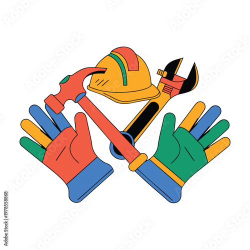 Collection of colorful construction and diy tools including hammer wrench hard hat gloves with construction equipment building illustration improvement engineer mechanic carpenter industry
