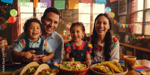 Mexican family fiesta dinner photo, happy parents and kids eating tacos at home, Cinco de Mayo celebration background
