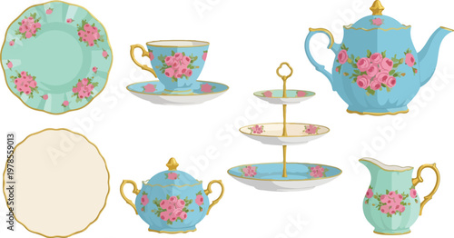 Vintage tea set with roses, elegant pastel blue porcelain teacup, saucer, teapot, sugar bowl, creamer, tiered cake stand.
