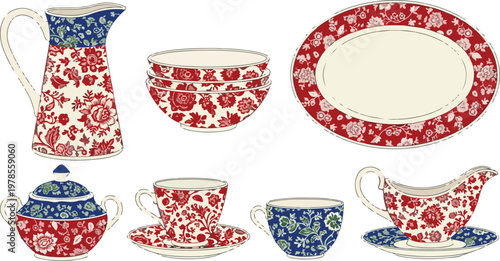 Vintage floral pattern tea set with jug, cups, saucers, sugar bowl, gravy boat, and oval platter for elegant dining and serving.