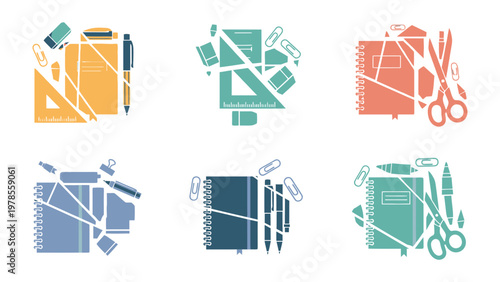 School Supplies Assemblage: A collection of various school supplies are artfully arranged, showcasing the tools of learning and creativity in a vibrant and organized fashion. 