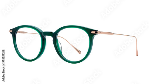 Tableau sur toile Round green acetate eyeglasses with thin rose gold metal temples, isolated on tr
