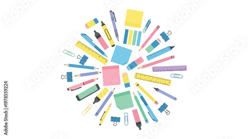 School Supplies Array: A colorful array of school and office supplies, meticulously arranged to form a harmonious, circular composition, embodying creativity and organization. 