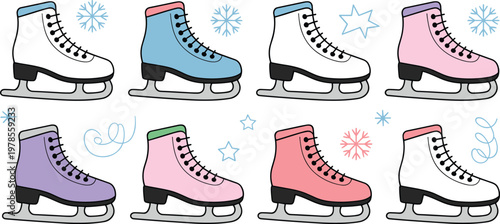 Ice skates vector set with colorful figure skating boots and snowflakes for winter sports leisure and seasonal holiday decorations.