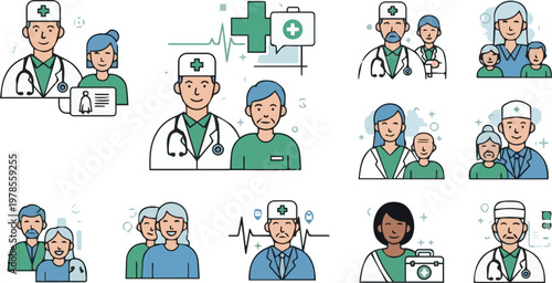 Medical team members interact discuss patient care with doctors nurses in hospital