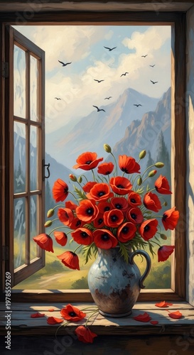 Red poppies in a vase on a windowsill with a scenic mountain view and flying birds outside