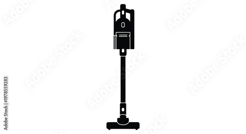 A black silhouette of a modern stick vacuum cleaner against a white background
