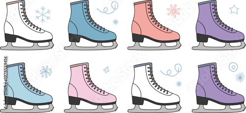 Ice skates vector set with colorful figure skating boots and snowflakes for winter sports leisure and seasonal holiday decorations