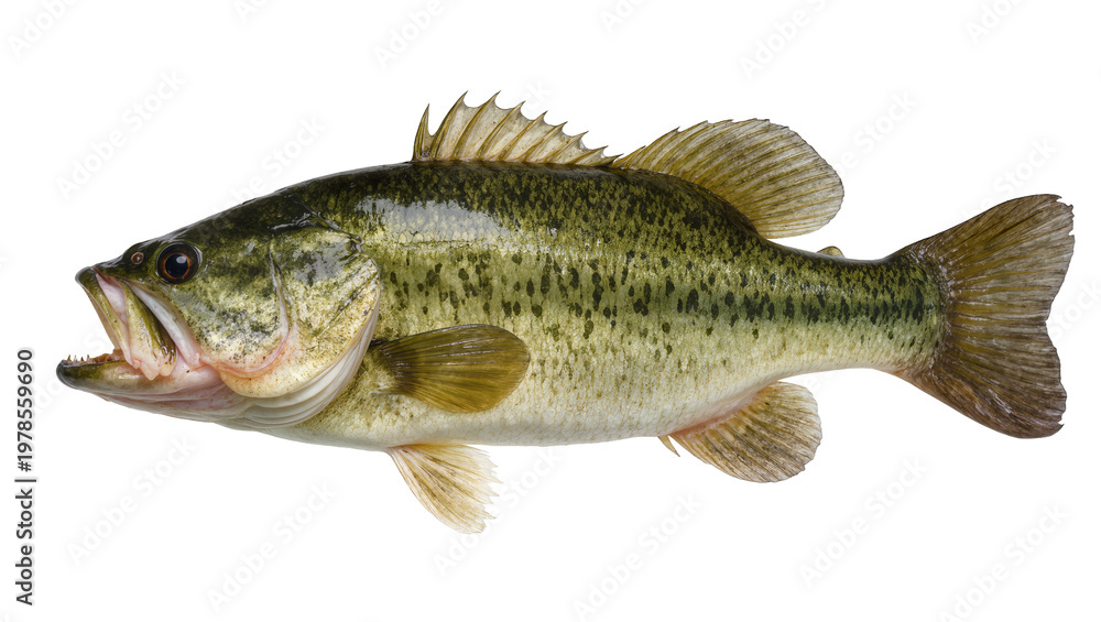 Obraz premium Large mouth bass fish with open mouth and sharp teeth, isolated on transparent background
