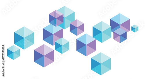 Floating translucent blue and purple hexagonal prisms arranged in a scattered dynamic isometric pattern create a modern abstract visual composition.