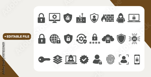 Cyber ​​security icon. Includes security, phishing alert, antivirus, cyber attack, password security. Solid vector icon set.