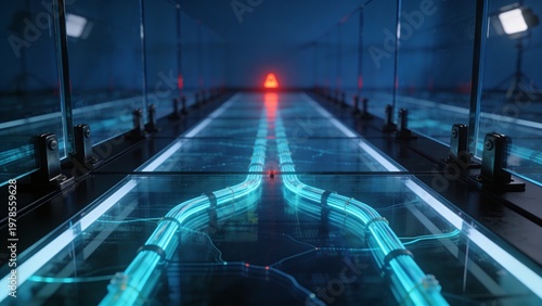 Data Exfiltration Concept Through Illuminated Fiber Channels Beneath Black Surface in Futuristic Cybersecurity Illustration