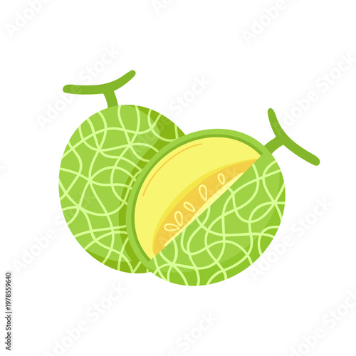 Whole and half cut fresh honeydew melon on a transparent background. A green melon with complex netted rind texture and stem next to a half-sliced melon with yellow flesh and seeds.