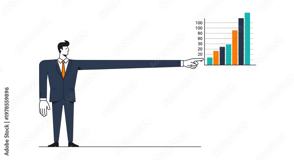 Fototapeta premium Professional businessman pointing with a long arm towards a colorful growth bar graph chart to show successful corporate financial progress