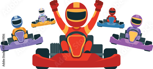 Flat vector illustration of a professional go kart racing competition with a winner celebrating victory on the track, speed.