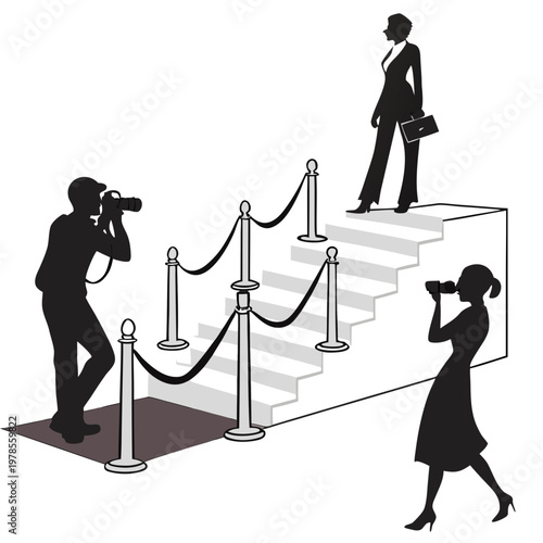 A vector graphic illustration of paparazzi photographing a businesswoman on the red carpet