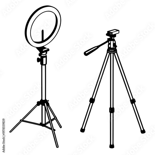A minimalist vector illustration of two tripods with different attachments for photography and videography