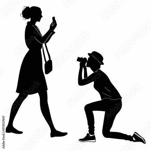 A vector graphic illustration of a man taking a photo of a woman with a camera