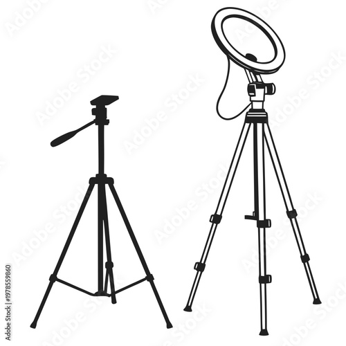 A vector graphic illustration of two tripods with different attachments for photography and videography