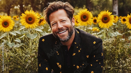 Joyful Middle-Aged Man Laughing in a Field Surrounded by Bright Sunflowers