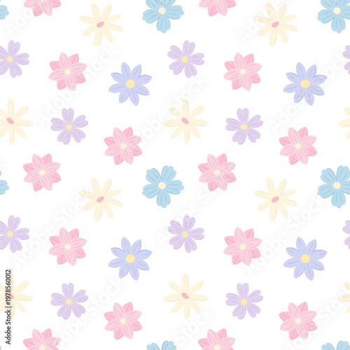 Seamless vector pattern of cute pastel hand-drawn flowers, isolated on a transparent background. Features pink, lavender, blue, and cream blossoms with small centers, arranged in a random repeat.