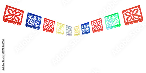 Papel picado banner vector, Mexican fiesta decorative cut paper flags garland isolated on transparent background 