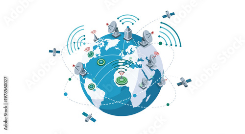 Globe surrounded by satellite dishes and orbiting satellites with signal waves in a technical isometric illustration on a clean and bright background.