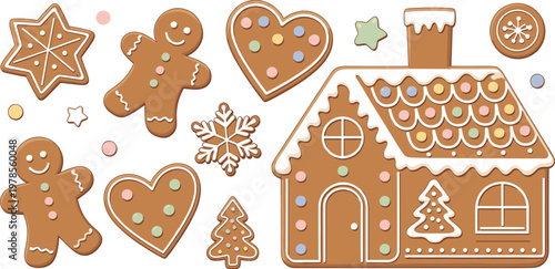 Christmas gingerbread cookies set with house man heart star and snowflake shapes flat vector illustration on white background.