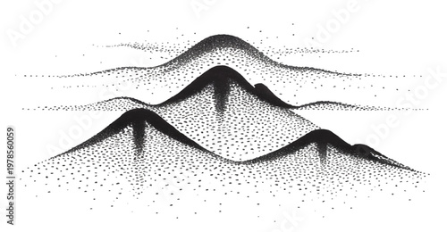 Abstract Stippled Mountain Landscape with Halftone Dots, Black Ink Pointillism Peaks and Gradient Terrain Isolated on Transparent Background, Minimal Japanese Style Nature Illustration