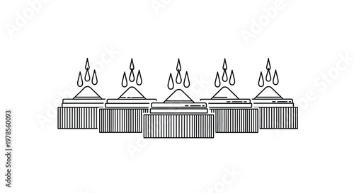 A minimalist line drawing depicts a row of traditional tibetan stupas with ornate details