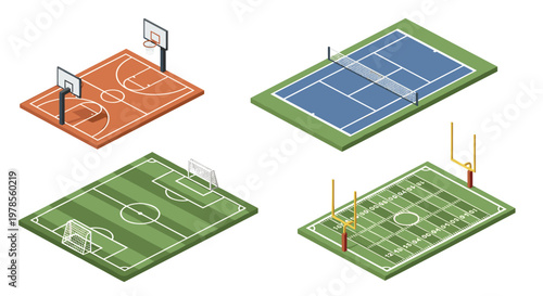 Four detailed isometric sports fields featuring basketball and tennis courts alongside soccer and football pitches on a clean and bright white background.