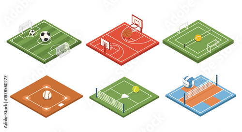 Six colorful isometric sports fields featuring soccer and basketball courts alongside tennis and baseball diamonds with equipment on a white background.